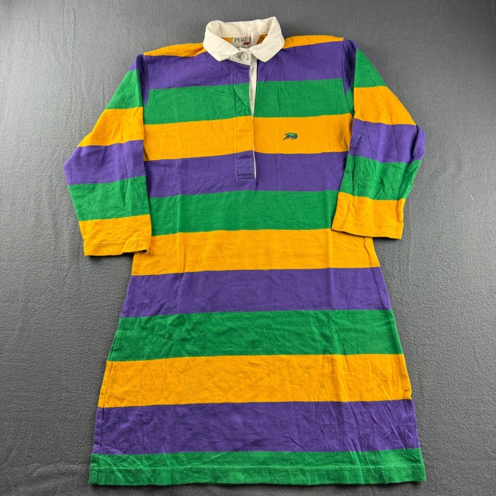 Vintage Perlis Rugby Dress Women's M Green Yellow Purple Striped Mardi Gras Y2K